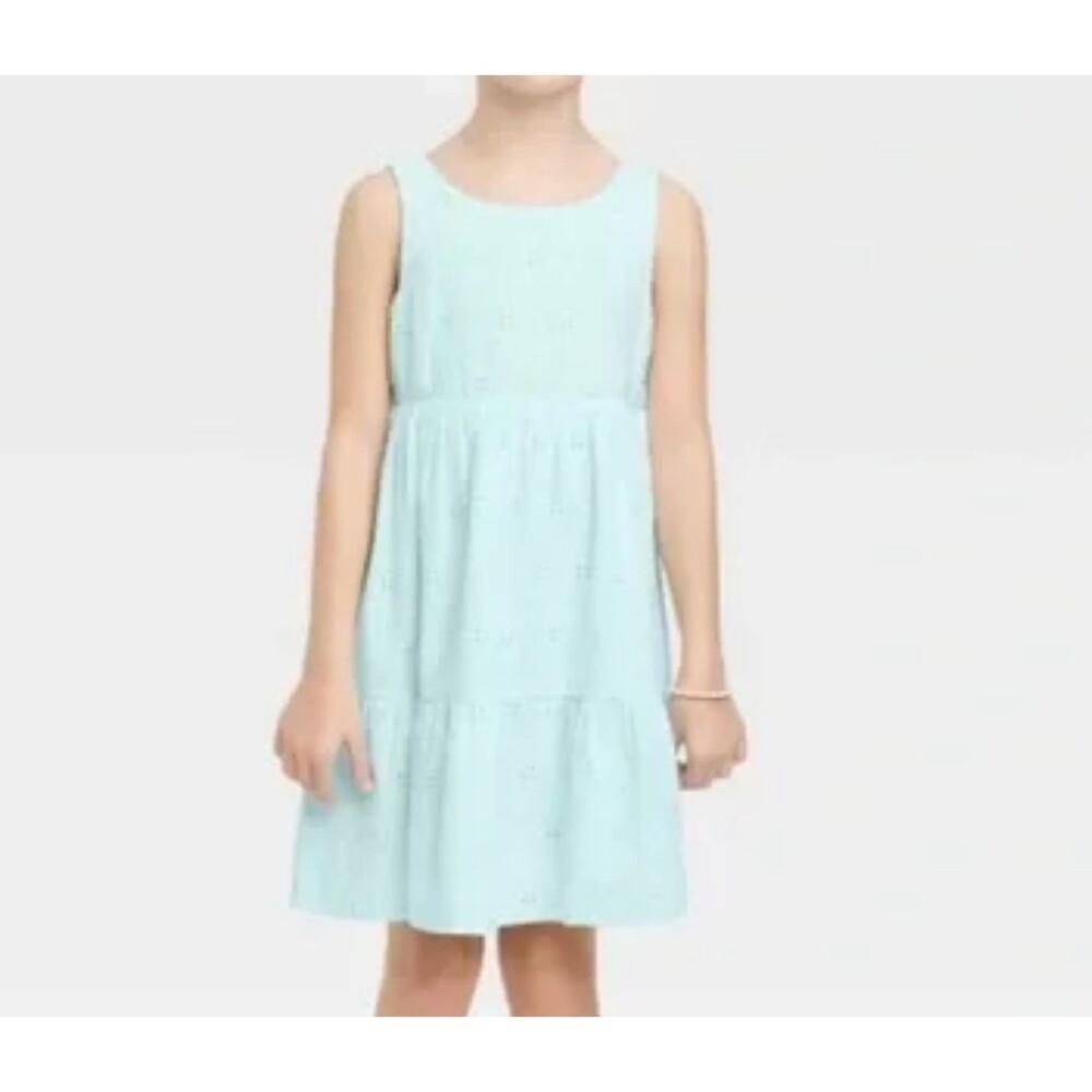 Cat & Jack Girls XL 14 Sleeveless Eyelet Dress Light Blue Cotton Summer Sundress